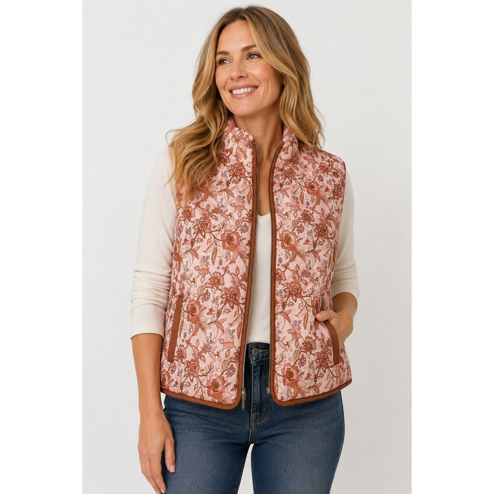 BLANKNYC Womens Paisley Print Quilted Vest Pink Brown Floral Full Zip Small NEW
